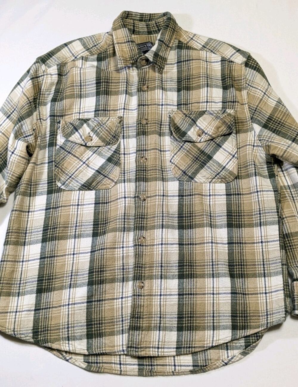 Canyon Creek Mens L Heavyweight Flannel Khaki Green Plaid Shirt Woven Cotton
